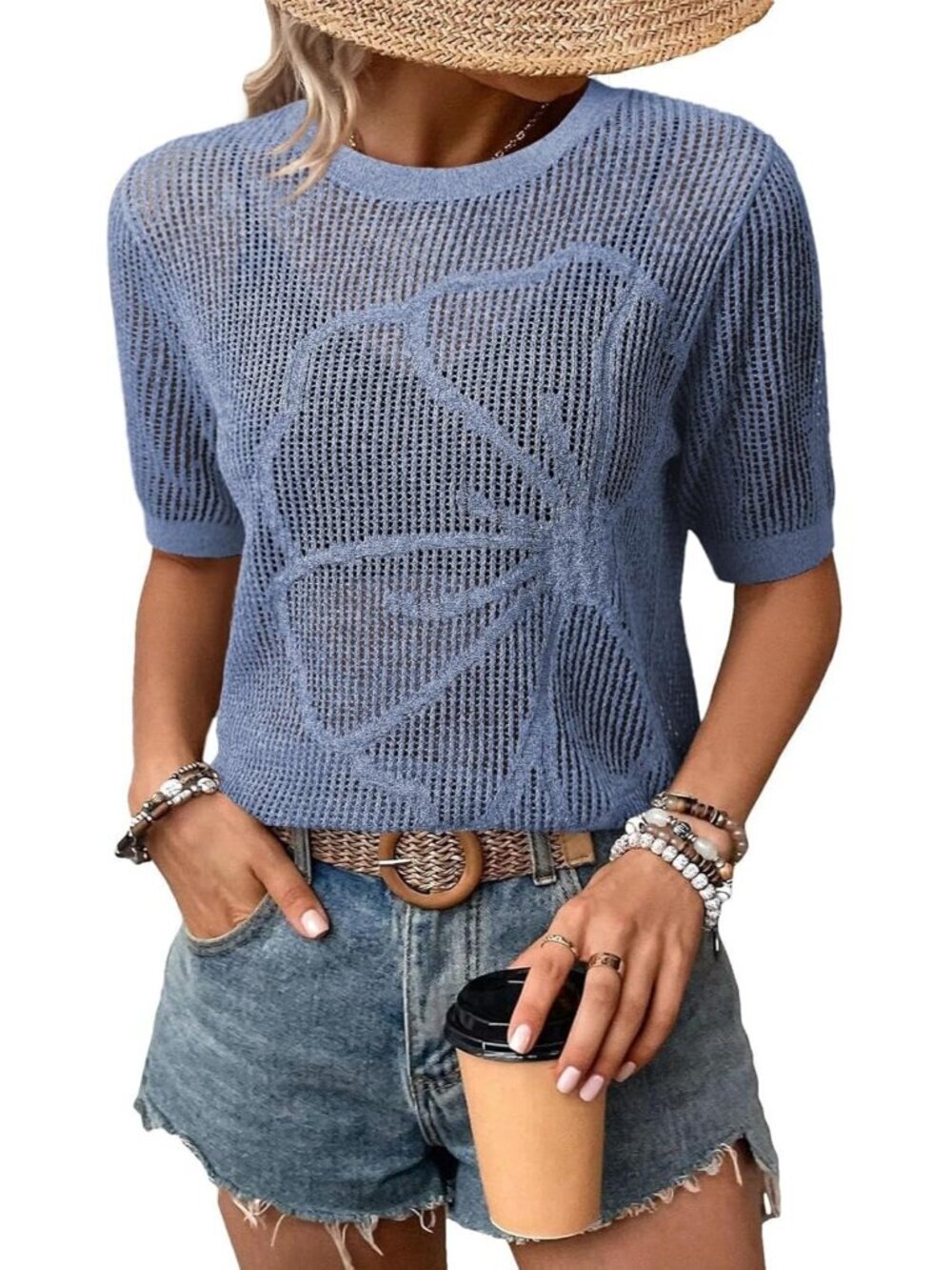 Women Blue Summer Short Hollow Out Floral Sweaters Beach Vacation Cruise Tops